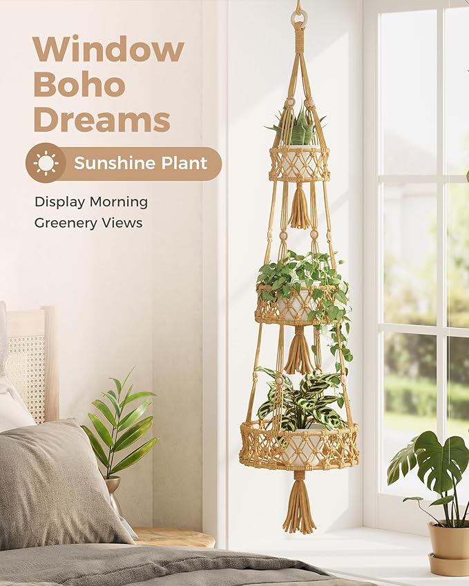 Leaf&lull Macramé Plant Hanger Indoor 3-Tier Hanging Planters for Indoor Outdoor Plants Boho Hanging Plant Holder Woven Plant Basket Decorative Haning Flower Pot Holder for Home Decor