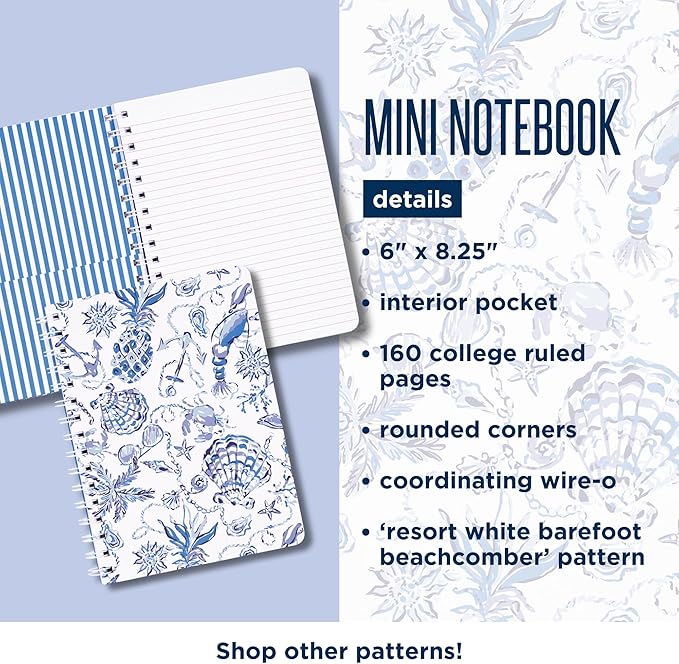 Lilly Pulitzer Hardcover Mini Spiral Notebook, 8.25" x 6.5" Small Journal with 160 College Ruled Pages (Resort White Barefoot Beachcomber)