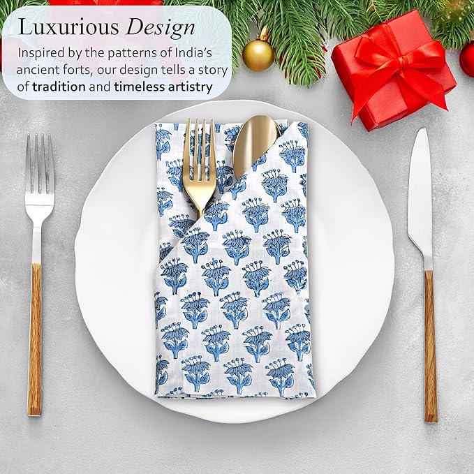 CPC Cloth Napkins 100% Cotton Set of 4 Reusable Napkins, Indian Block Print Toile Floral Dinner Napkin, Fall Thanksgiving Christmas Holiday Party Gift - Soft Absorbent Napkin, 18"x18" Apatite Blue
