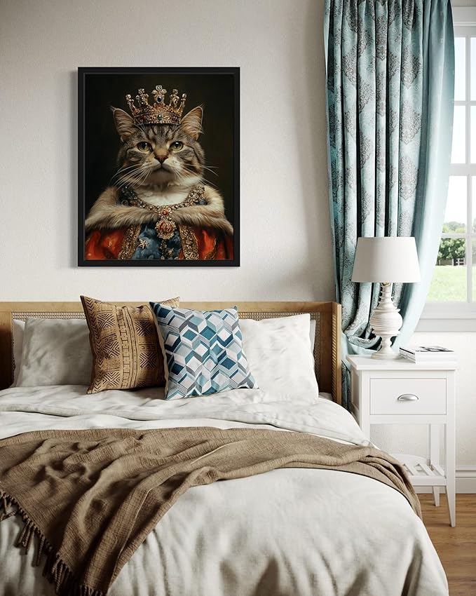 Royal Crown Cat Art Poster Print, Cat Kitten Painting Humor Portrait Pet Artwork Decor Gallery A8 (Royal Crown Cat, 8 x 10 inches, Black Frame)