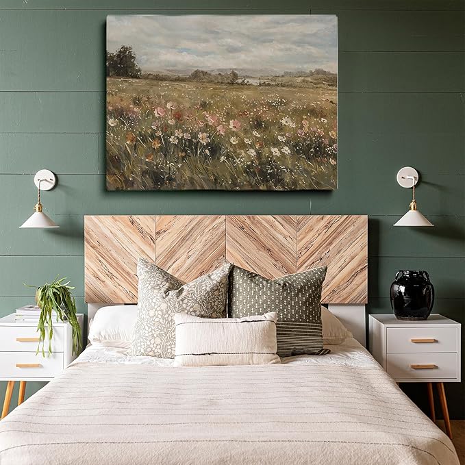 Large Botanical Landscape Wall Art-Large Wild Flower Art,Wildflower Field Vintage Landscape Print,Wild Flower Horizontal Art,Botanical Floral Panoramic Wall Art,Living Room Decor20x30Unframed