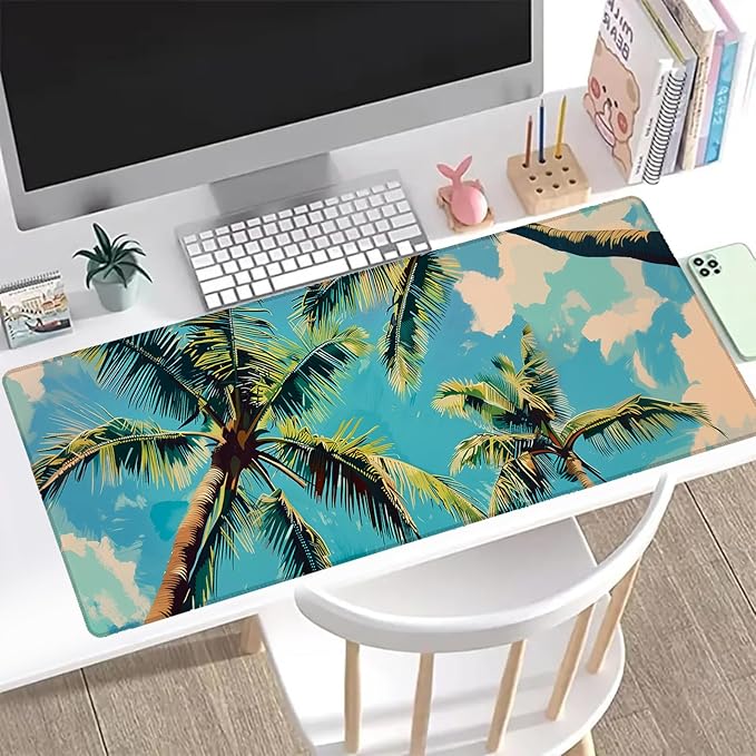 Tropical Palm Tree Gaming Mouse Pad, Office Desk Mat, Anti-Slip Rubber Base Cool Aesthetic Mouse Pads for Computer Laptop Keyboard School Home Desktop Gamer Home Accessories Decor 31.5" x 11.8"