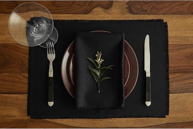 Solino Home Black Linen Napkins Set of 4-100% Pure Linen Cloth Washable Dinner Napkins 20 x 20 Inch for Spring - Fringe