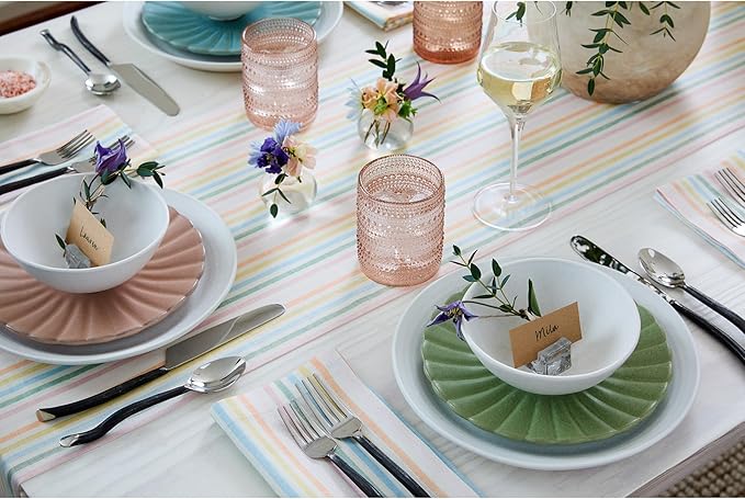 Solino Home Striped Linen Table Runner 108 Inches Long - Julia 100% Pure Linen Multicolor Muted Pastel Stripe Dining Table Runner 14 x 108 Inch for Spring, Easter