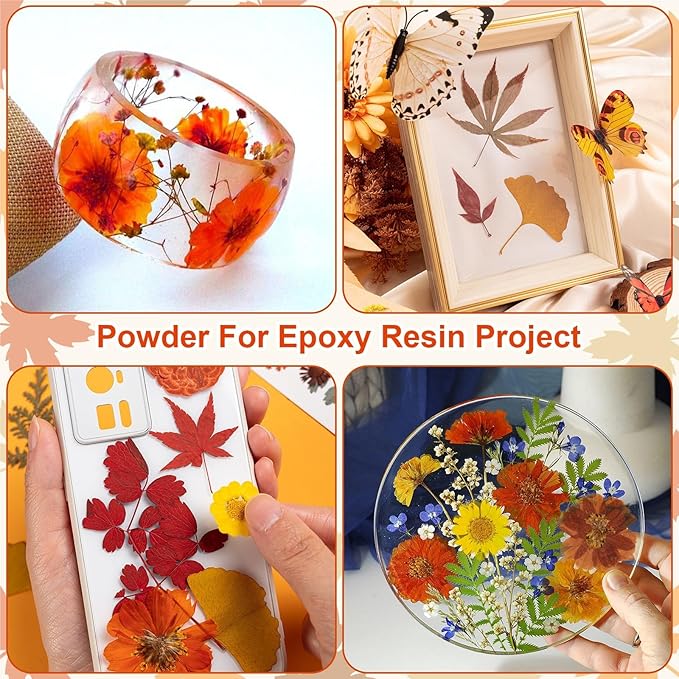 140 Pcs Fall Dried Pressed Flowers with Tweezer, Fall Themed Real Dried Flowers Leaves for DIY Crafts Resin Molds, Yellow Orange Dried Flowers for Autumn Halloween Thanksgiving Decorations