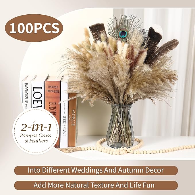 Bpole 2-in-1 Pampas Grass Decor - 100pcs Dried Pampas Grass with Natural Feathers Boho Flowers Arrangement for Vase,Home Wedding Party Centerpiece and Rustic Farmhouse Decor