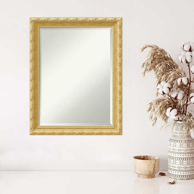 Amanti Art Gold Wall Mirror 28x22 Versailles Gold Rectangle Bathroom Mirror for Wall Decor Living Room, Medium Traditional Wood Frame, Hangs Horizonally and Vertically, Bathroom Decor, Beveled Edge
