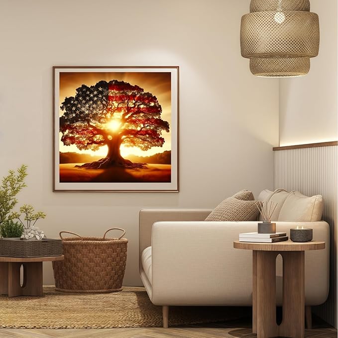 5D Diamond Painting Kits for Adults, American Flag Tree Diamond Art Kits for Beginner, DIY Full Drill Round Ancient Tree Gem Art Paint by Diamonds Dots Crafts Kits for Home Decor 13.7x13.7 Inch