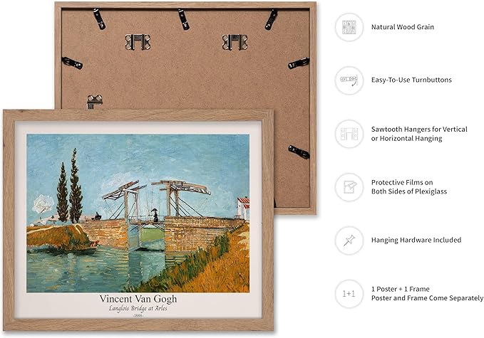 Monem Art Vintage Van Gogh Poster - Retro Langlois Bridge at Arles Print - Impressionism Art - Landscape Art - Fine Art - Classic Painting Art - Bedroom or Office Decor - 16x20 Beige Framed