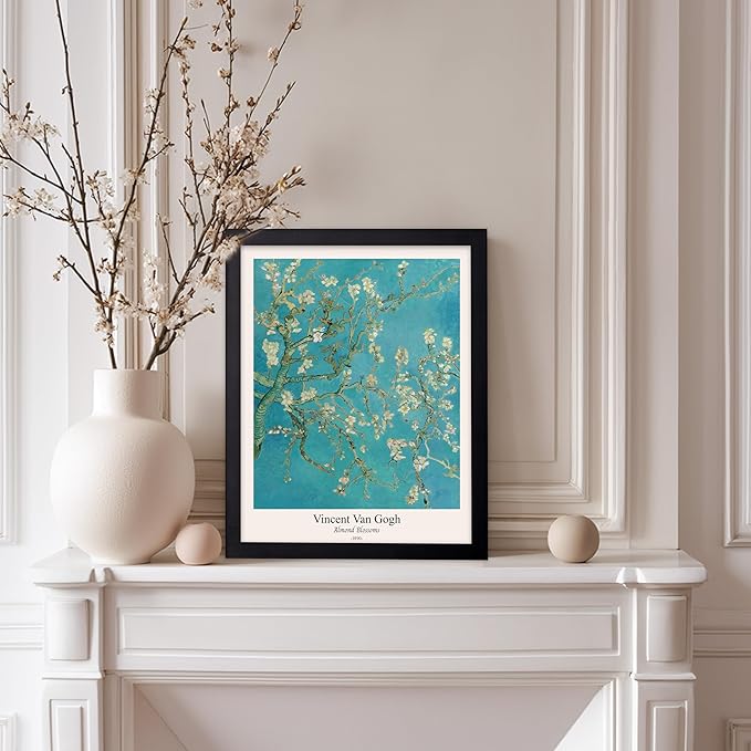 Monem Art Vintage Van Gogh Poster - Retro Almond Blossoms Print - Impressionism Art - Fine Art - Classic Painting Art - Flower Art - Floral Bedroom or Office Wall Decor - 8x10 Black Framed