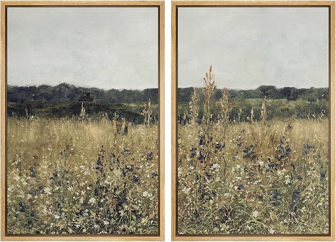 SIGNWIN Framed Canvas Print Wall Art Set Wildflower Meadow Under a Gentle Overcast Sky Illustration Modern Art Minimalism Decorative Nordic for Living Room, Bedroom, Office - 24"x36"x2 Natural