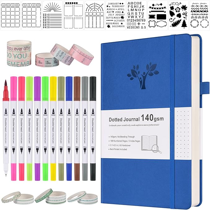 Bullet Dotted Journal Kit, 140gsm Hardcover A5 Dotted Journal with 188 Numbered Pages and 3 Index, 12 Brush Pens Dual Tip, 10 Stencils and 14 Washi Tape for Women Men Teen Girls, Navy