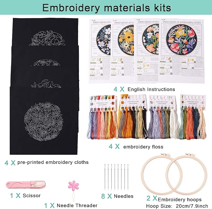 REEWISLY 4pcs of Embroidery Starter kit with Patterns and Instructions, DIY Beginner Adult Cross Stitch Kits, Including 2 Plastic Embroidery Rings, 1 Scissors, Colored Threads and Needles