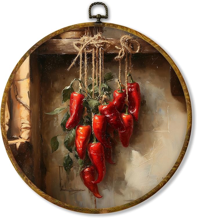 Hiuwevt Vintage Kitchen Round Wall Art Decor, Farmhouse Country Chili Framed Canvas Prints, Retro Rustic Chilis Round Wall Hanging Decor for Kitchen Dining Room Decorations, 10x10 Inches