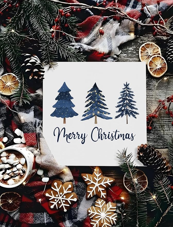 Navy Blue Christmas Tree Wooden Box Sign, Blue Christmas Decor, Rustic Merry Xmas Tree Winter Holiday Wood Signs for Home Office Desk Shelf Tabletop Decor, 5x5 Inch Decorative Signage