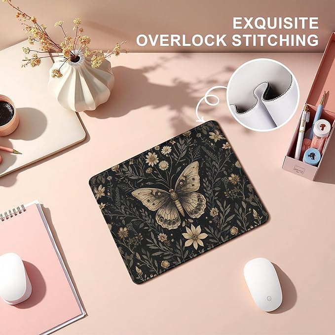 Moody Floral Gothic Butterfly Mouse Pad, Dark Academia Cottagecore Botanical Moth Mouse Pads Mousepad for Home Office Dorm Computers Laptop, Gothic Office Supplies Desk Accessories, 9.5x7.9 Inch