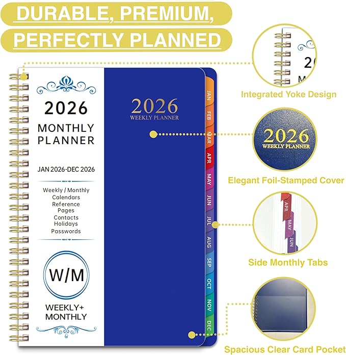 2026 Planner, Weekly and Monthly Planner, January 2026 - December 2026, Calendar Planner A5 (6.5" x 8.5") with Tabs With 8 stickers, Inner Pocket for Home School Office Supplies (Blue)