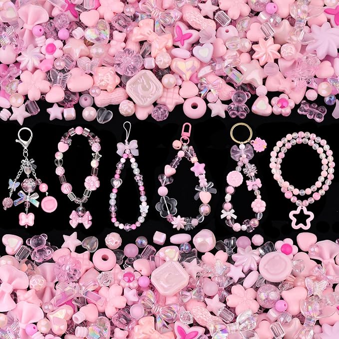200-260PCS TINKRSTUFF Assorted Acrylic Beads Pink Cute Beads for Bracelet Making, Flower Bow Butterfly GummyBear Kawaii Charms, Aesthetic Bead for Necklace Keychain Jewelry Making DIY Phone Charm