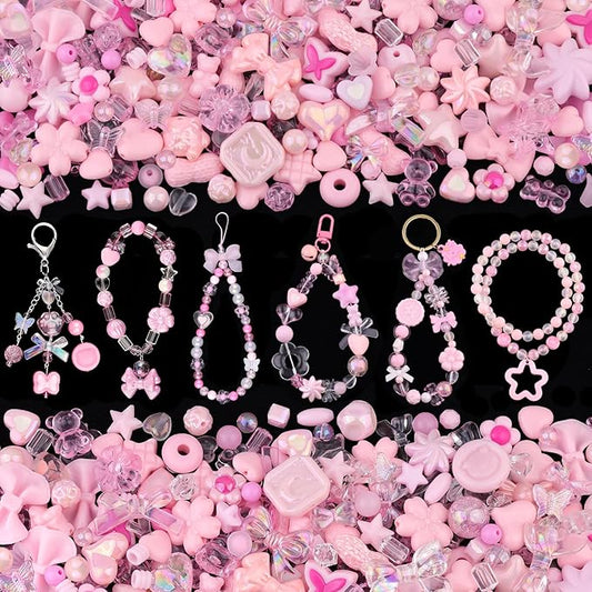 200-260PCS TINKRSTUFF Assorted Acrylic Beads Pink Cute Beads for Bracelet Making, Flower Bow Butterfly GummyBear Kawaii Charms, Aesthetic Bead for Necklace Keychain Jewelry Making DIY Phone Charm
