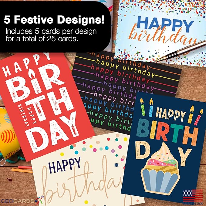 Happy Birthday Cards with Envelopes (25 Variety Pack – 5 Designs) Creative Bulk Birthday Card Set for Family & Business (5x7 inch – A7) Office, Work, Coworkers, Employees, Clients (VP2410) Made in USA
