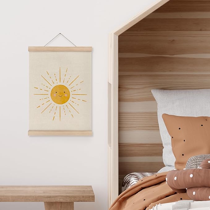 MAQIKA Boho Sunshine Poster Framed With Wood Hanger Set of 2, Sun Nursery Wall Decor, Smiling Sunshine Hanging Art, Bohemian Sunset Canvas for Kids Room 12x16 Inch