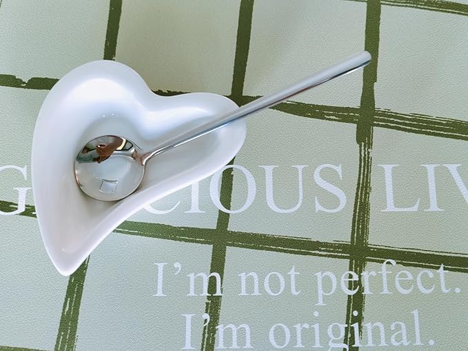 Coffee & Tea Spoon and Rest Set for Coffee Bar Accessories, Heart Cute Mini & Small Coffee Spoon Rest & Holder for Coffee Station & Bar, Teaspoon Rest & Holder (White Rest with Silver Spoon*2)
