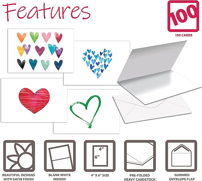 Better Office Products 100-Pack All Occasion Greeting Cards, Assorted Blank Note Cards, 4 x 6 inch, 6 Contemporary Heart Designs, Blank Inside, with Envelopes, 100 Pack