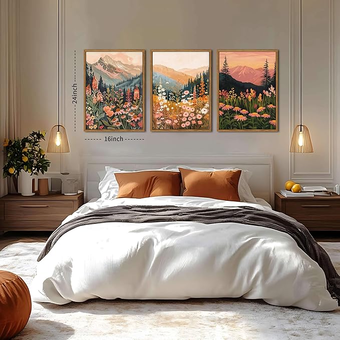 Floating Framed Large Boho Colorful Mountain Wall Art Set of 3, Vintage Wildflower Landscape Canvas Wall Decor Paintings, Nature Floral Forest Posters Pictures Prints for Living Room 16x24 Inch