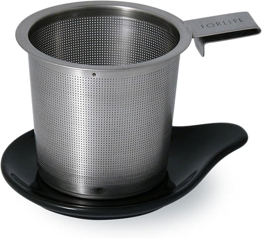FORLIFE Hook Handle Tea Infuser and Dish Set, Black Graphite