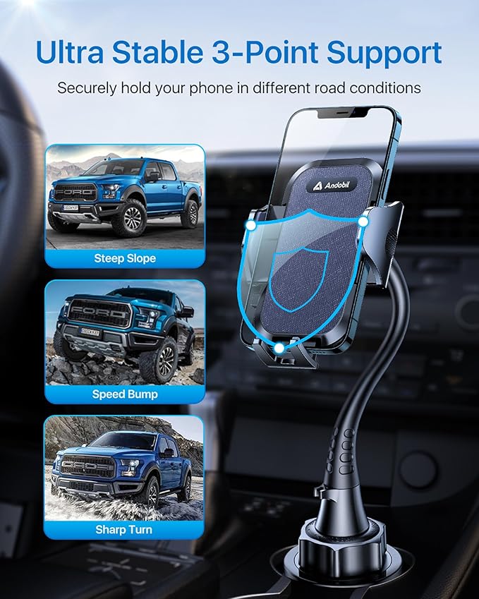 andobil Military-Grade Cup Phone Holder for Car/Truck, [2025 Enhanced] 13" 360° Adjustable Gooseneck w/Anti-Shake Car Mount, Universal Car Phone Holder for iPhone/Samsung All 4.0-7.0" Devices, Blue