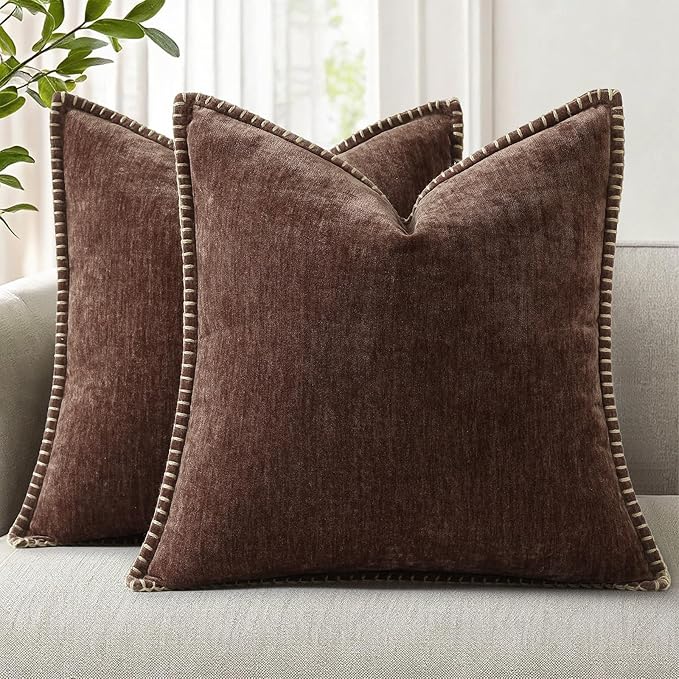 decorUhome Spring Chenille Soft Throw Pillow Covers 16x16 Set of 2, Farmhouse Velvet Neutral Decorative Pillow Covers with Stitched Edge for Couch Sofa Bed Home Decor, Chocolate