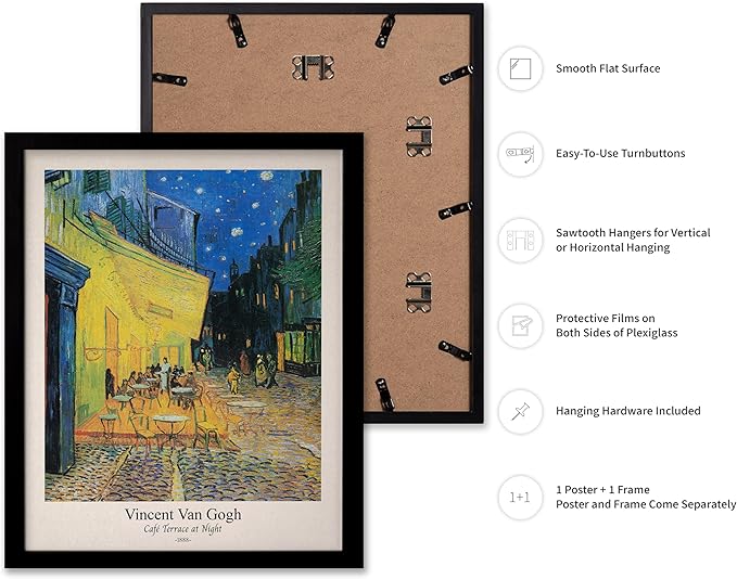 Monem Art Vintage Van Gogh Poster - Retro Cafe Terrace at Night Print - Impressionism Art - Fine Art - Classic Painting Art - Aesthetic Living Room or Bedroom Wall Decor - 16x20 Black Framed