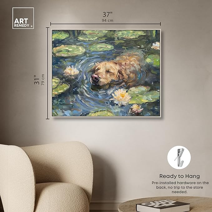 Art Remedy Monet Water Lilies Dog Rustic Chic Farmhouse Canvas Wall Art, Silver Floater Frame, 36"x30"