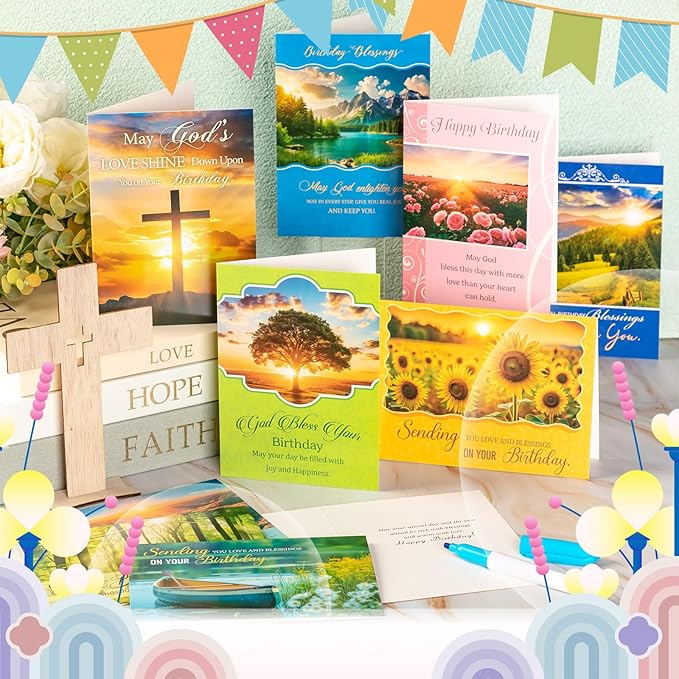 48 Pack Religious Christian Birthday Cards Bulk with Scripture Assorted Bible Verse 4.5 x 6.2 Inch Christian Blessings Birthday Greeting Cards with Envelopes and Stickers (Natural Style)