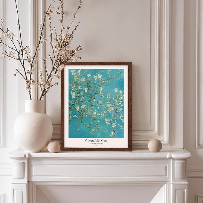 Monem Art Vintage Van Gogh Poster - Retro Almond Blossoms Print - Impressionism Art - Fine Art - Classic Painting Art - Flower Art - Floral Bedroom or Office Wall Decor - 8x10 Brown Framed