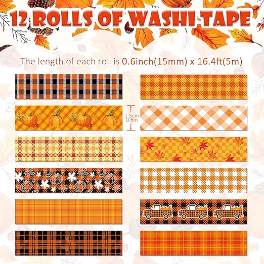 12 Rolls Autumn Washi Tape Set, Thanksgiving Theme Grid Pumpkin Maple Fall Decorative Tape for Bullet Journal, Scrapbooking, Planner, DIY Wrapping Crafts 16.4FT