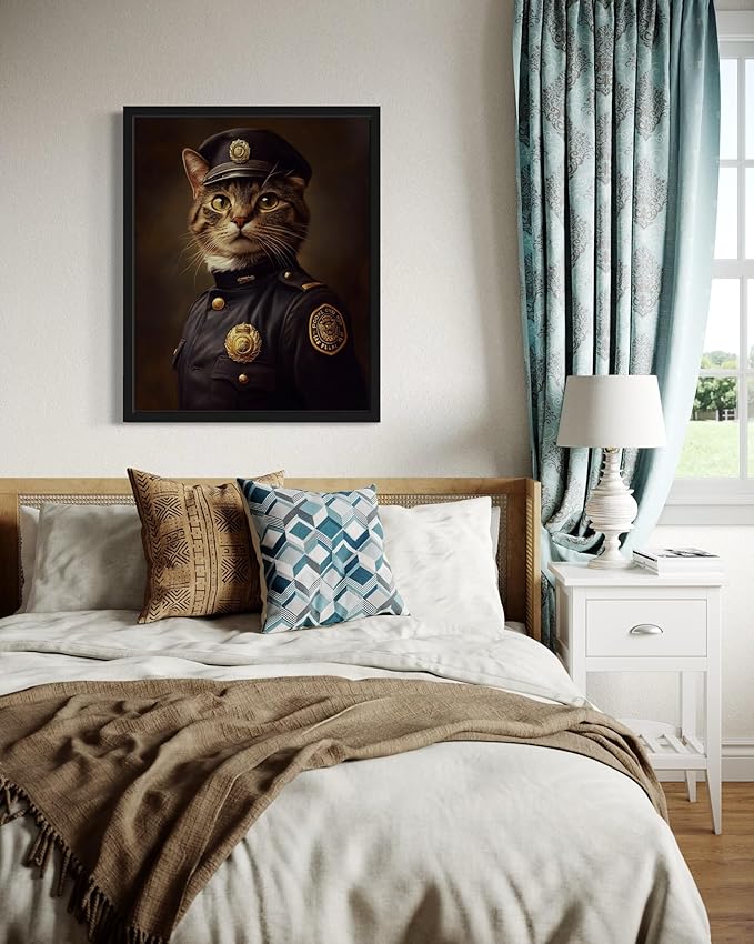 Police Cat Art Poster Print, Cat Kitten Painting Humor Portrait Pet Artwork Decor Gallery A8 (Police Cat, 8 x 10 inches, Black Frame)