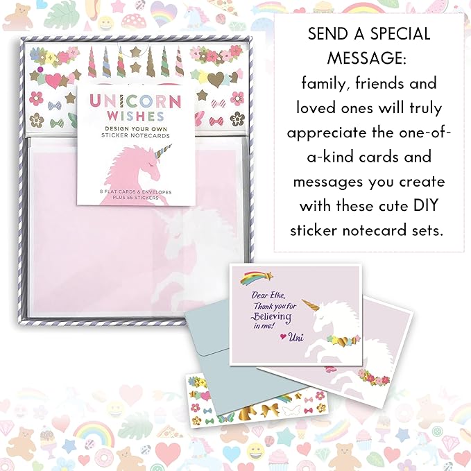 Mrs. Grossman's Design Your Own Sticker Notecards Card Making Kit - includes 8 Cards, Envelopes, and Classic Stickers - Create DIY Thank You, Birthday, Greeting Cards (Unicorn Wishes)