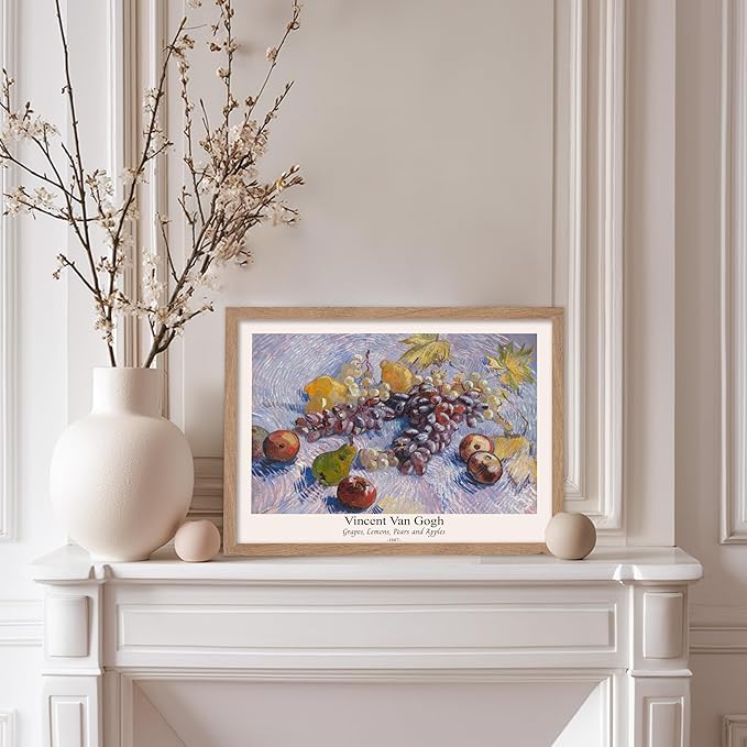 Monem Art Vintage Van Gogh Poster - Retro Grapes Lemons Pears and Apples Print - Impressionism Art - Fruit Art - Fine Art - Classic Painting Art - Great Kitchen Decor - 11x14 Beige Framed