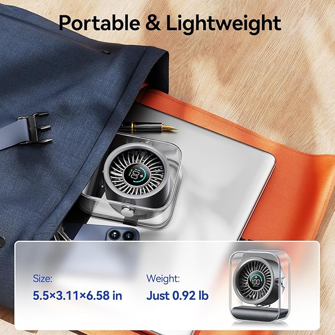 Rechargeable USB Desk Fan, Quiet Table Fan with Turbo Airflow, 100 Speeds, Digital Display, 90° Rotating, Small Battery Desktop Fans for Bedroom Home Office Travel, Black