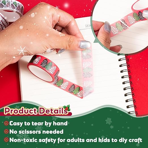 Christmas Tree Washi Tape - Sweet Dessert Theme with Gingerbread Brown Icing Red Festive Green Designs, Acid Free Residue Free Adhesive for Gift Wrapping, Scrapbook, Journal Decor, DIY Crafts