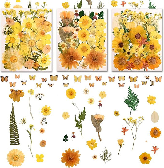 140 PCS Yellow Real Pressed Dried Flowers and Leaves with Butterfly Stickers & Tweezers – Natural Dried Flowers for Resin, Candle, Jewelry, Scrapbooking & DIY Crafts (Yellow 140)
