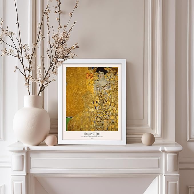 Poster Master Vintage Gustav Klimt Poster - Retro Portrait of Adele Bloch-Bauer Print - Art Nouveau - Lady in Gold Art - Gold Leaf Art - Classic Painting - Living Room Decor - 8x10 White Framed
