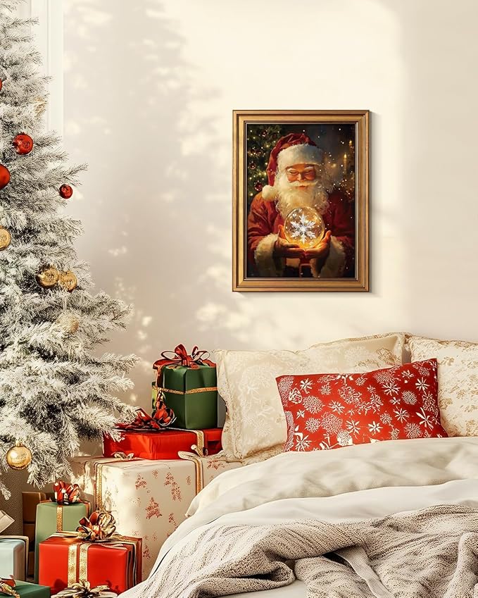 Bzstyleart Vintage Wall Art Decor,Vintage Chiristmas Wall Art Framed,12 x 16 Inch Framed Christmas Decorations Indoor Winter Decor,Christmas Santas Claus Holding a Glass Ball