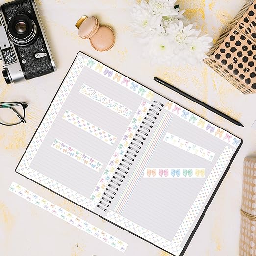 Watercolor Bow Washi Tape - 12 Rolls Pastel Preppy Aesthetic Decorative Acid Paper for Scrapbook, Journal Decor, Gift Wrapping, Photo Albums & DIY Crafts, Residue Free Easy Tear Adhesive