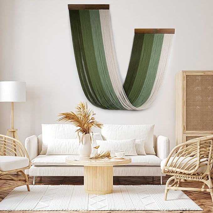 LB Green Macrame Wall Hanging Large, Boho Tapestry Wall Hanging Macrame Wall Art Handmade Yarn Woven Wall Art Modern Home Decor Headboard Wall Decor for Bedroom Living Room Dorm Nursery, 16x32 Inch