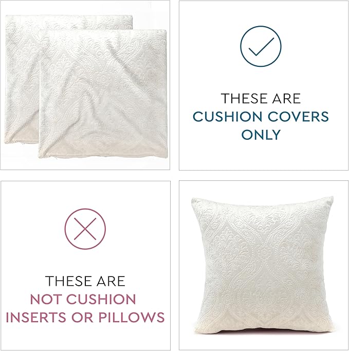 Encasa XO Luxury Embossed Velvet Throw Pillow Covers - Plush Cushion Covers for Elegant Living Rooms & Bedrooms, Machine Washable, 16"x16" Cream | Set of 2 | Covers Only No Insert