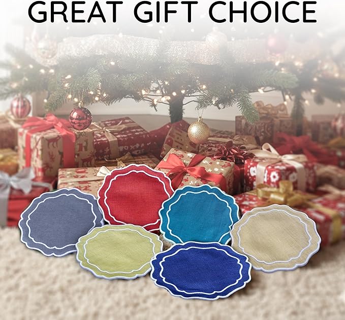 Drink Coasters Set of 6, 6x6 inch, Absorbent Linen Drink Mats with Scalloped Edge, Reusable Handmade Coffee Coasters for Home Decor & Tabletop Protection & Gift Giving (Oliver)