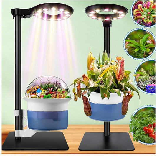 Large Plant Venus Fly Trap Terrarium Kit with Grow Light Timer&Metal Stand, African Violet Pots Self Watering Planter for Herbs,Carnivorous Plants,Valentine Gardening Gifts for Mom Women Garden Lover