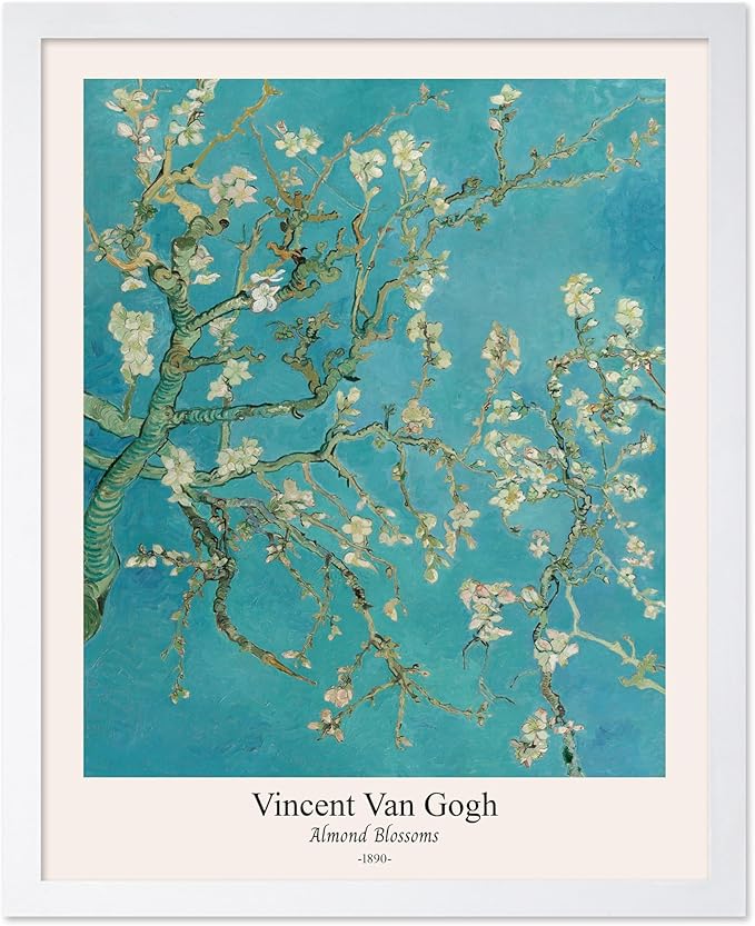 Monem Art Vintage Van Gogh Poster - Retro Almond Blossoms Print - Impressionism Art - Fine Art - Classic Painting Art - Flower Art - Floral Bedroom or Office Wall Decor - 11x14 White Framed